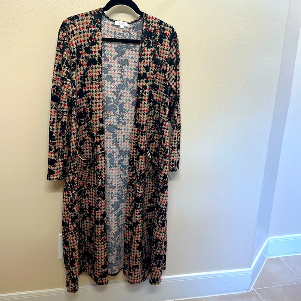 LuLaRoe Sarah cardigan, red and tan herringbone background with black flowers